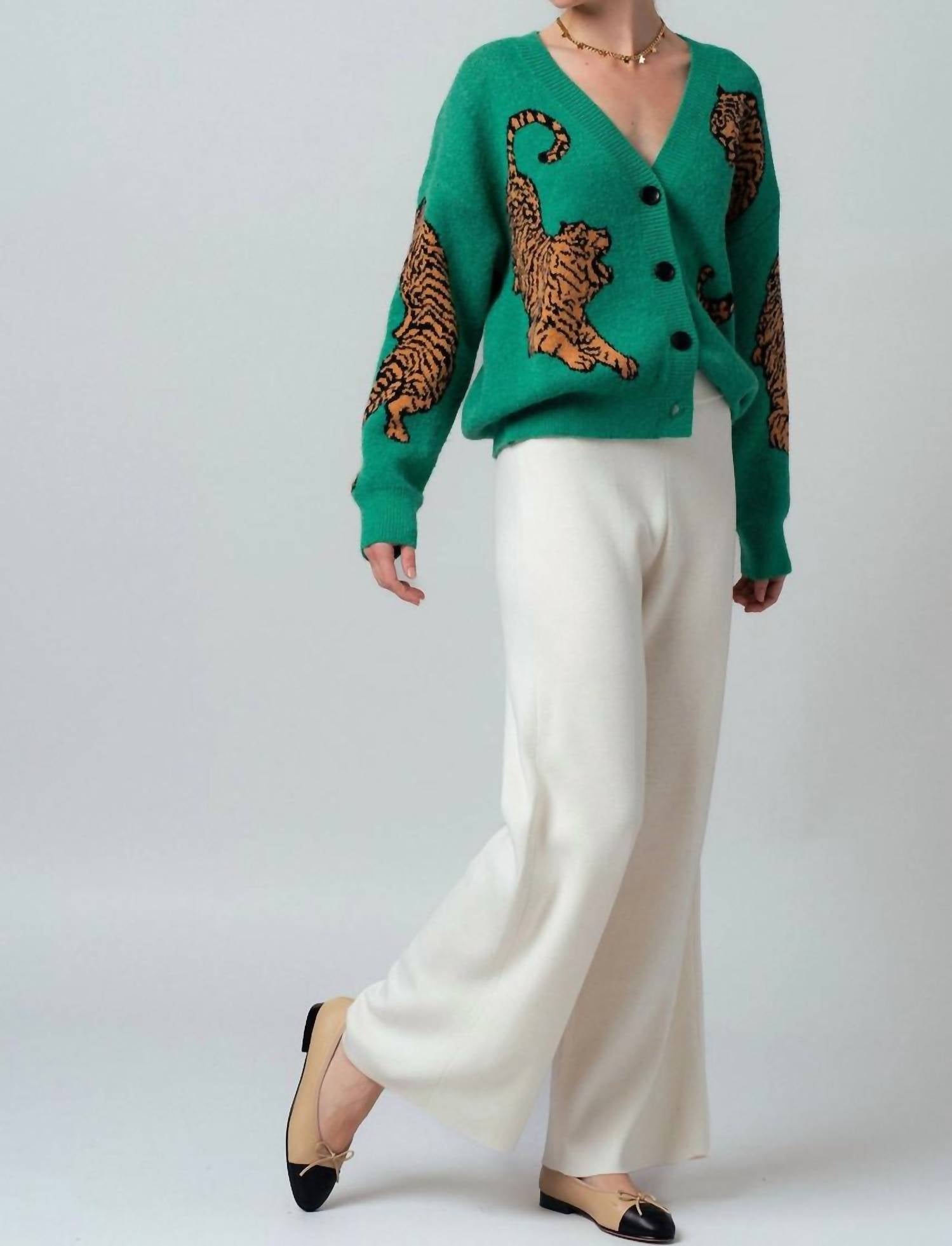 Urban Daizy Tiger Knit Cardigan in kelly green - women's cardigan - alternate view