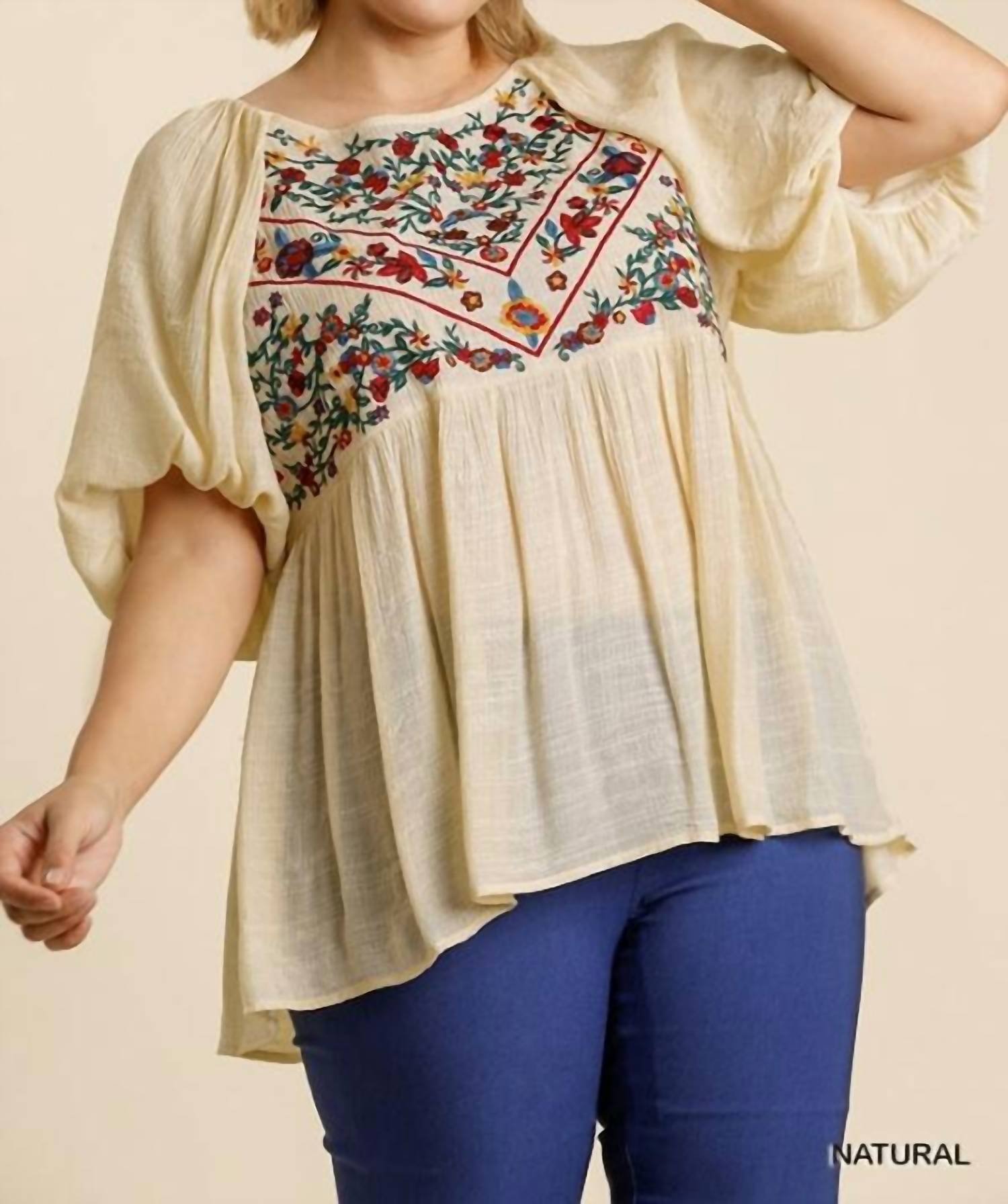 Umgee - Floral Embroidered Babydoll Top