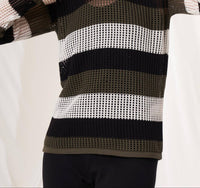 Angel Apparel Stripe Crochet Scoop Neck Top in black army - women's long sleeve top - detail view
