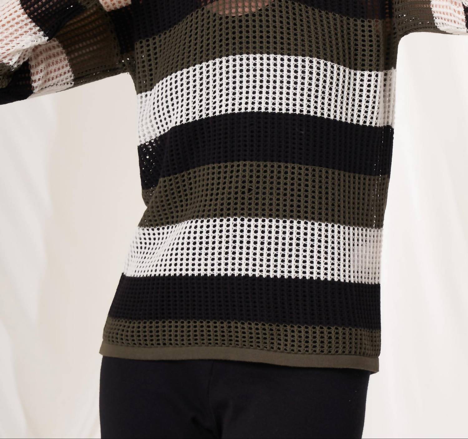 Angel Apparel Stripe Crochet Scoop Neck Top in black army - women's long sleeve top - detail view
