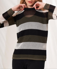 Angel Apparel Stripe Crochet Scoop Neck Top in black army - women's long sleeve top - alternate view