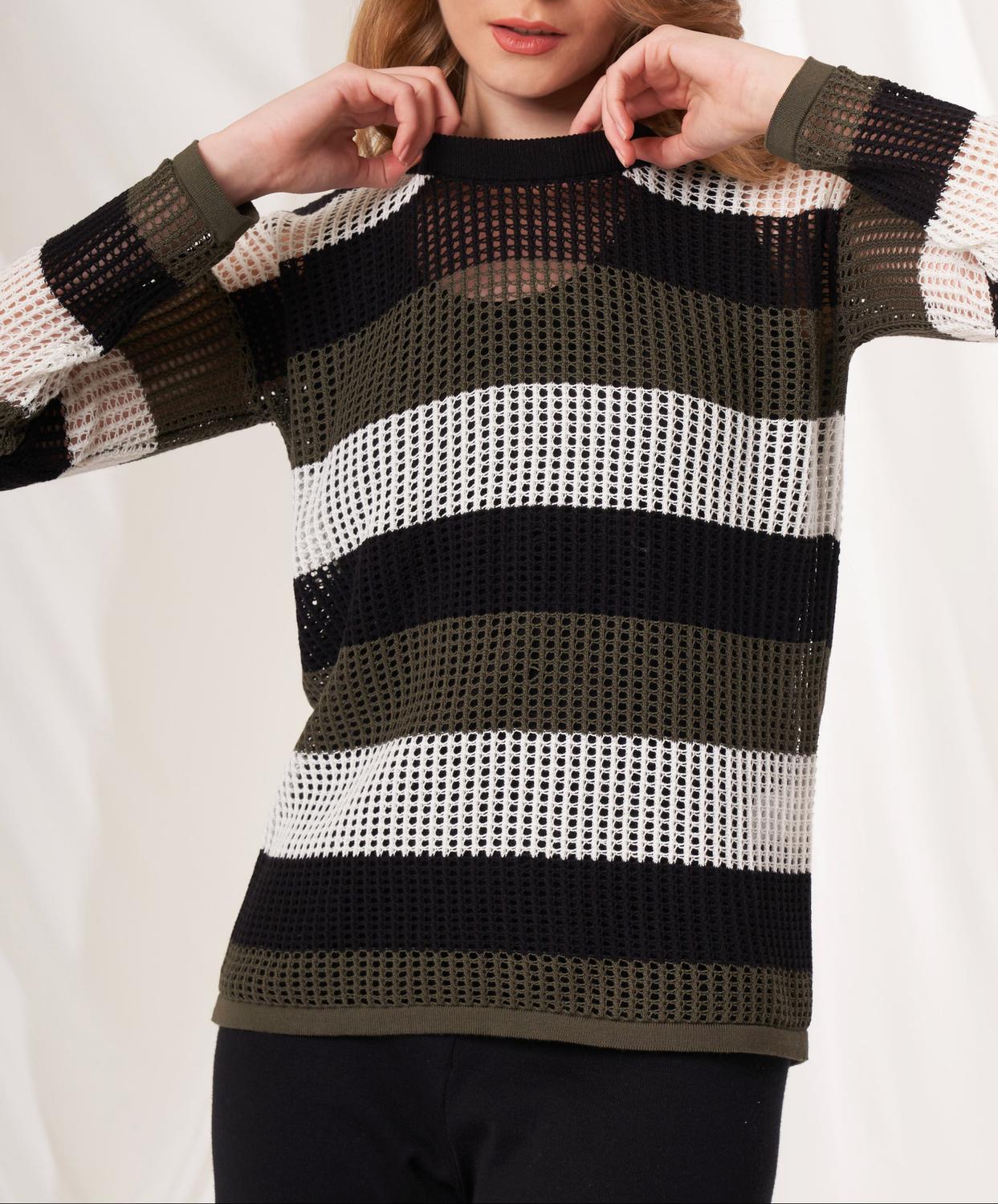 Angel Apparel Stripe Crochet Scoop Neck Top in black army - women's long sleeve top - alternate view