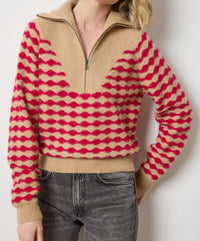 Lilla P Mixed Stitch Half Zip Sweater in birch fuchsia stripe - women's sweater