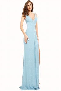 Jovani - Jewel-trimmed High Slit Sheath Gown