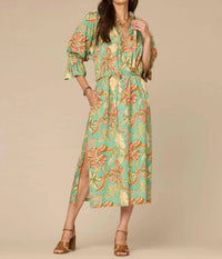 Democracy - 3/4 Sleeve Ruched Neck Printed Dress