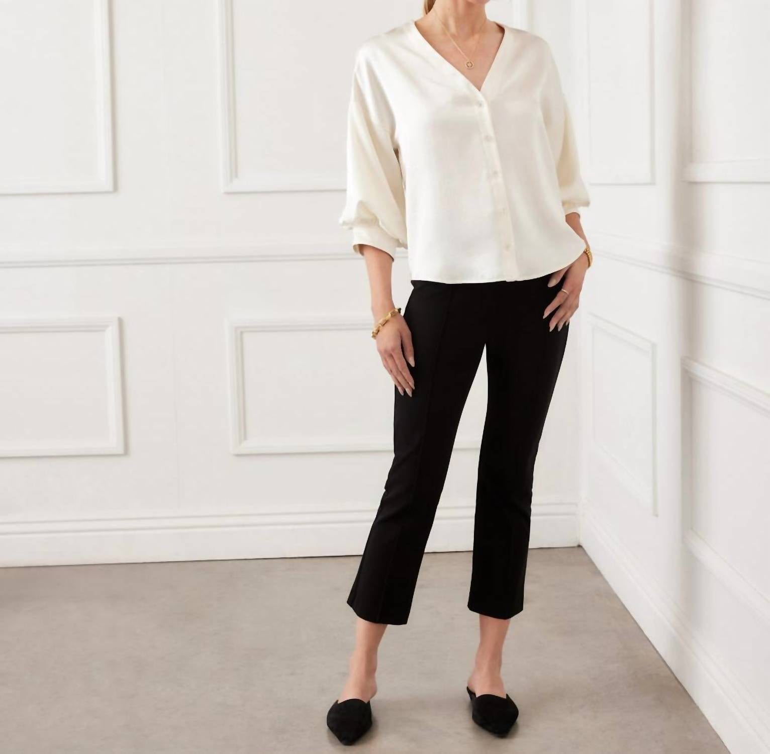 Karen Kane Lantern Sleeve Crystal Rhinestone Button Satin Top - Petite in cream - women's blouse - view 6