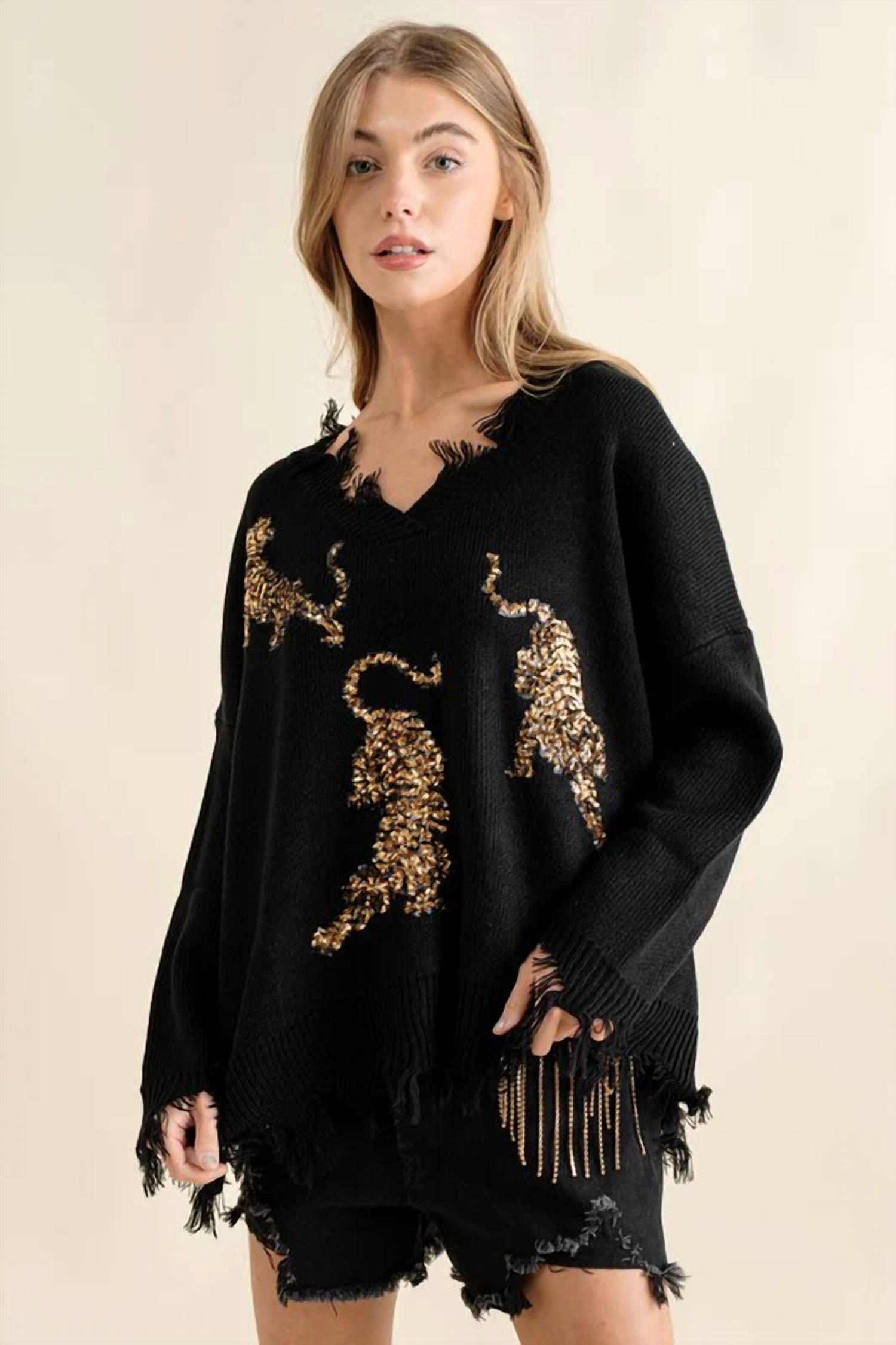 Blue B - Frayed V-Neck Tiger Sequin Sweater