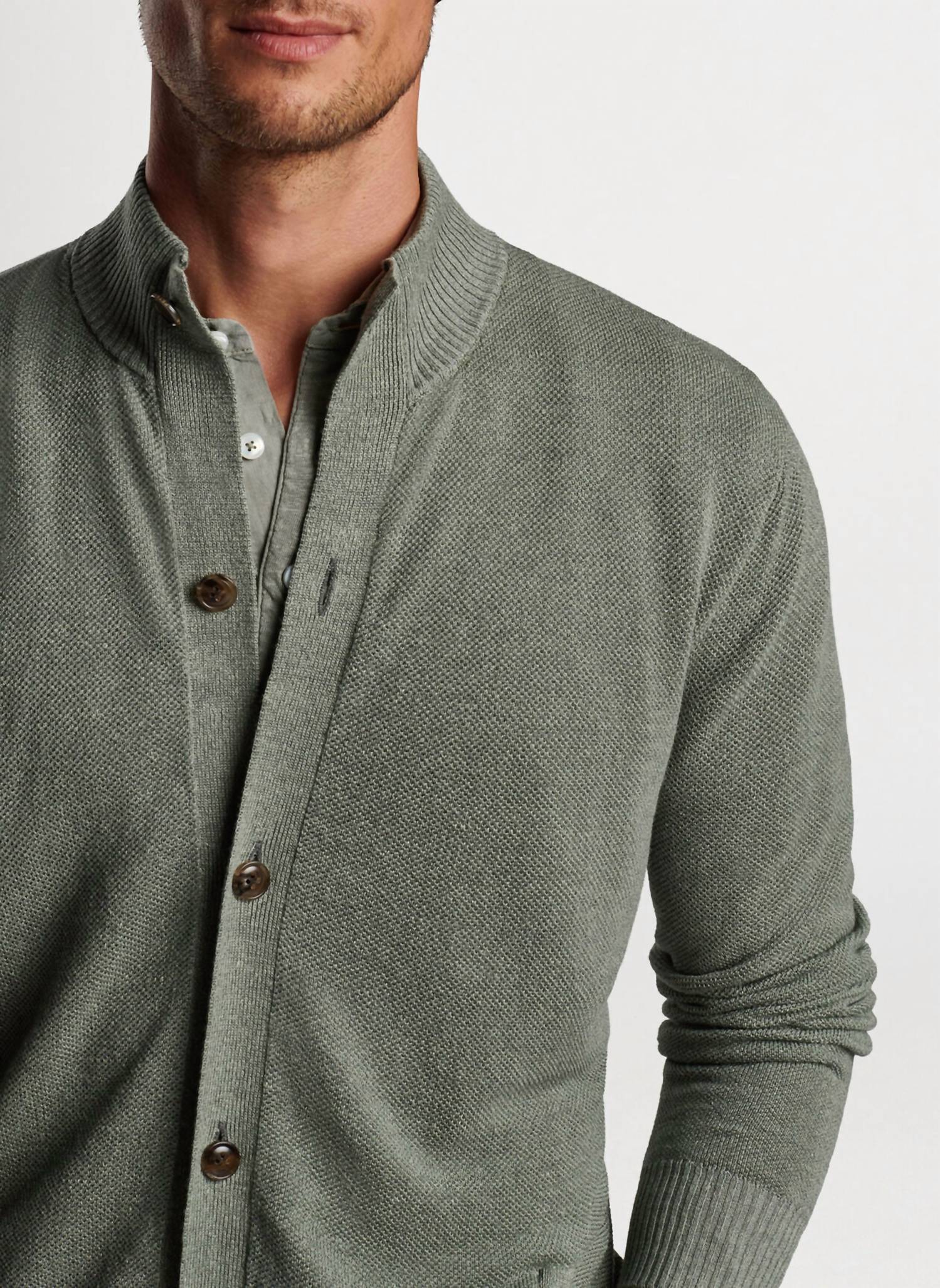 PETER MILLAR Glasgow Button Front Sweater in sage - men's sweater - detail view