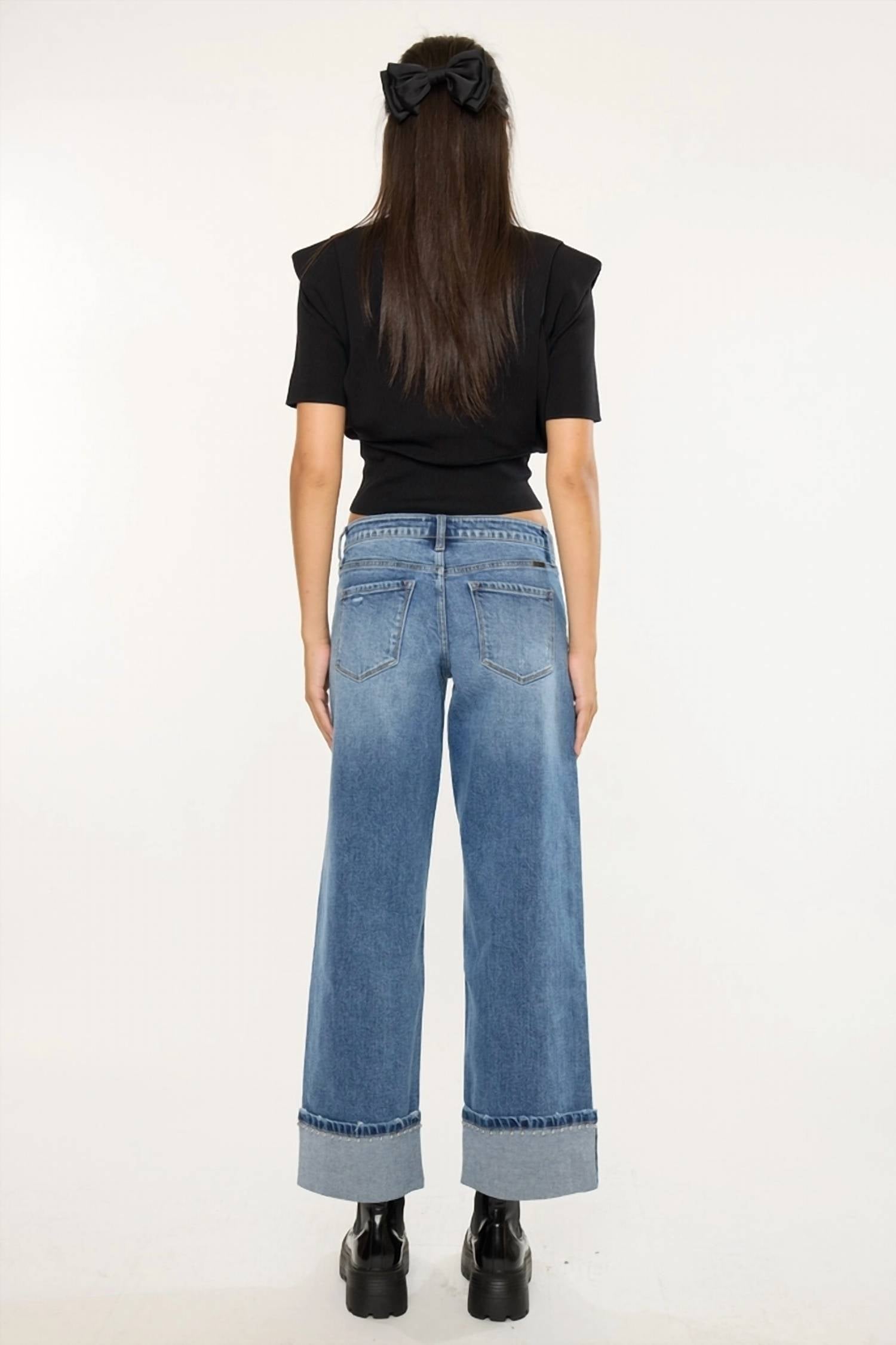 Kancan - Mid Rise Studded Wide Leg Jeans