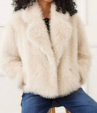 Karen Kane Cropped Faux Fur Jacket in stone - women's jacket - detail view