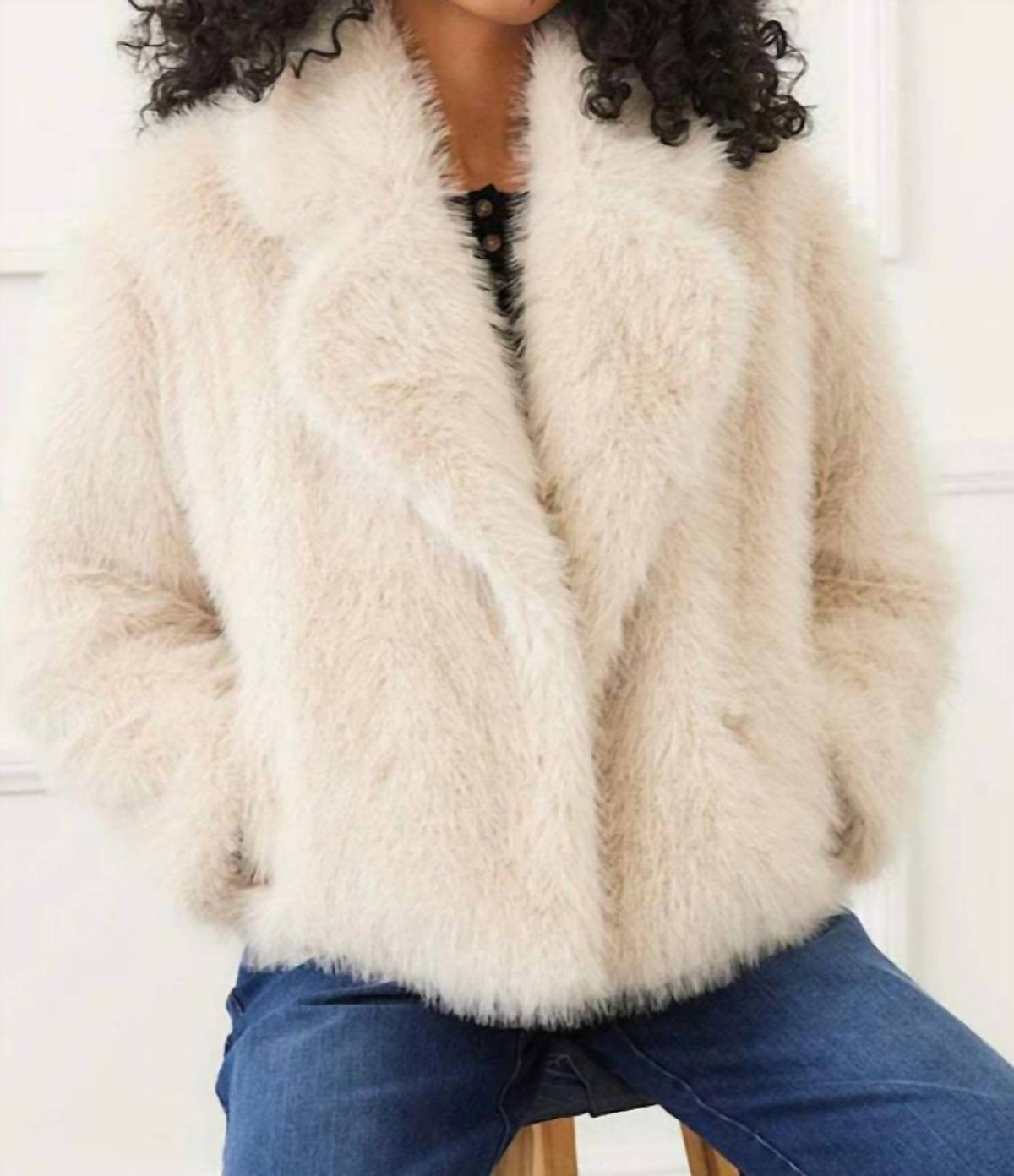 Karen Kane Cropped Faux Fur Jacket in stone - women's jacket - detail view