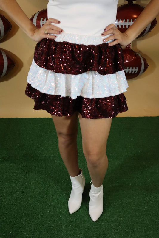 Peach Love - Sequin Tiered Maroon And White Skort