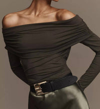 Reformation Florentina Off Shoulder Knit Shirt in olive - women's blouse