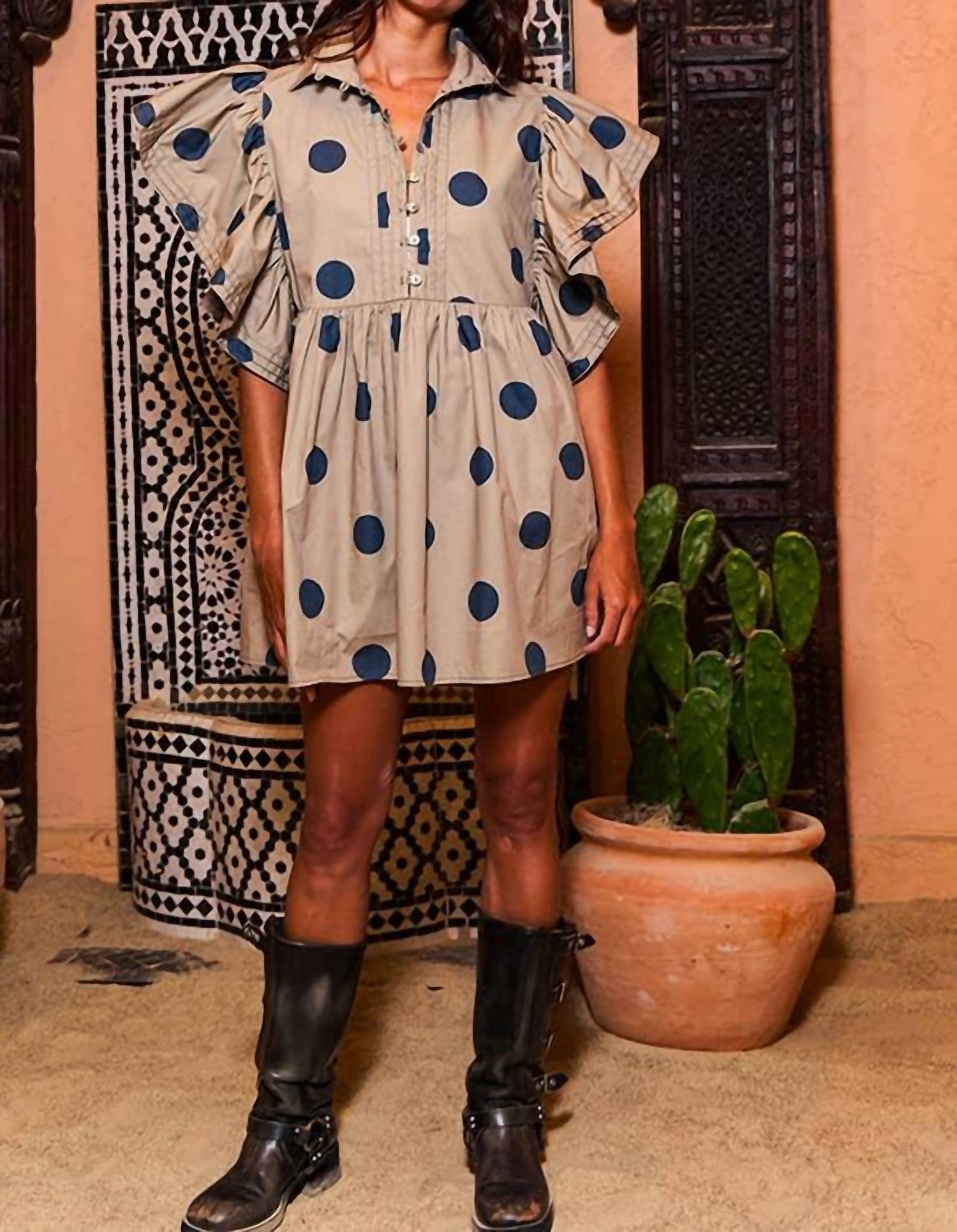 Bucketlist - Ruffle Sleeve Pintuck Detail Polka Dot Mini Dress