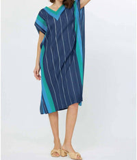 Current Air - Sleeveless V-neck Pleated Midi Dress With Stripe Border
