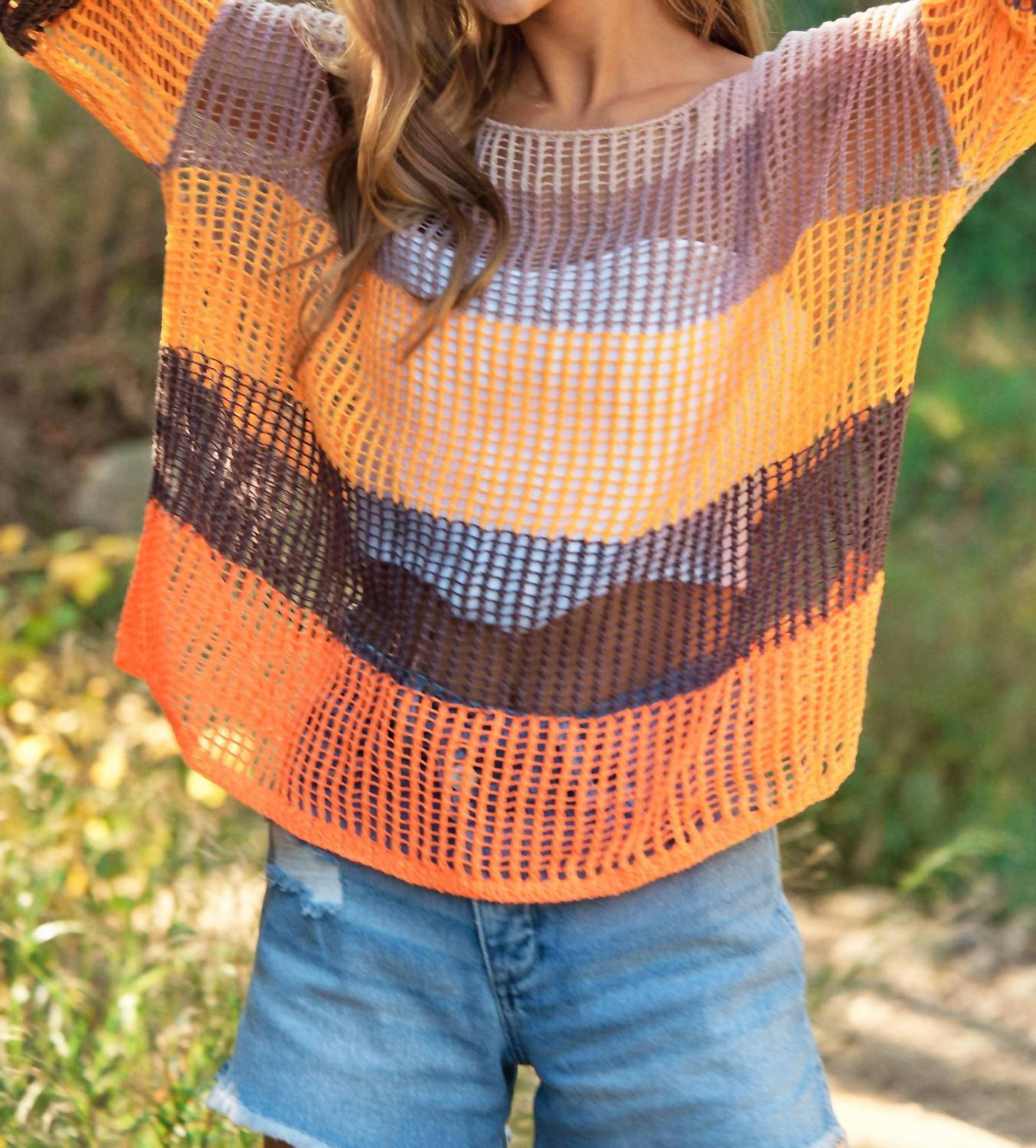 Davi & Dani - Striped Wide Opening Sleeve Pullover Cover Up Top