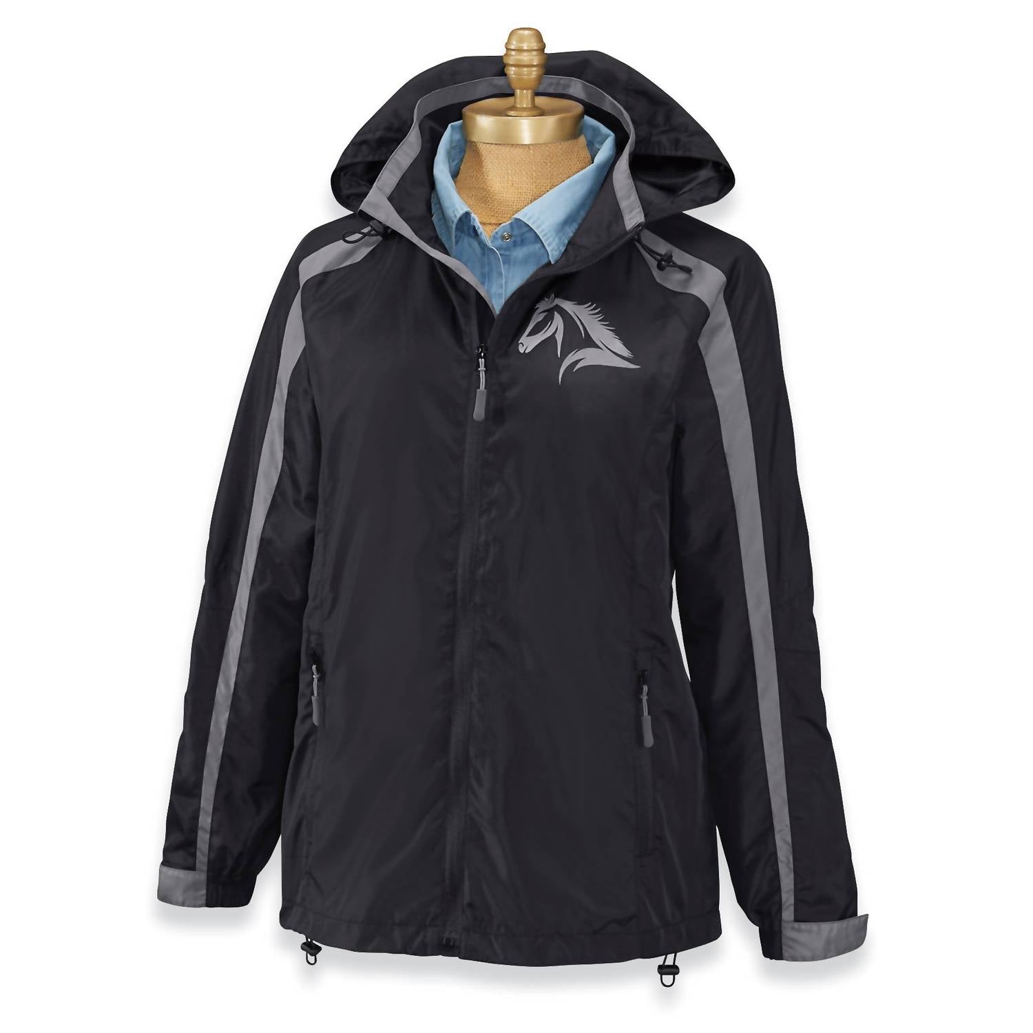 Back in the Saddle Women's Horse Print Windbreaker in the saddle women s horse print windbreaker in black - women's jacket
