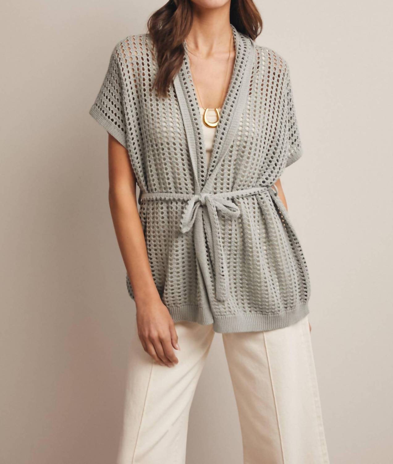 Forte Open Knit Belted Cardigan in seafoam - women's cardigan - view 6