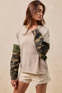 BiBi French Terry Camo Sleeve Frayed Edge Top in taupe camo - women's long sleeve top - alternate view