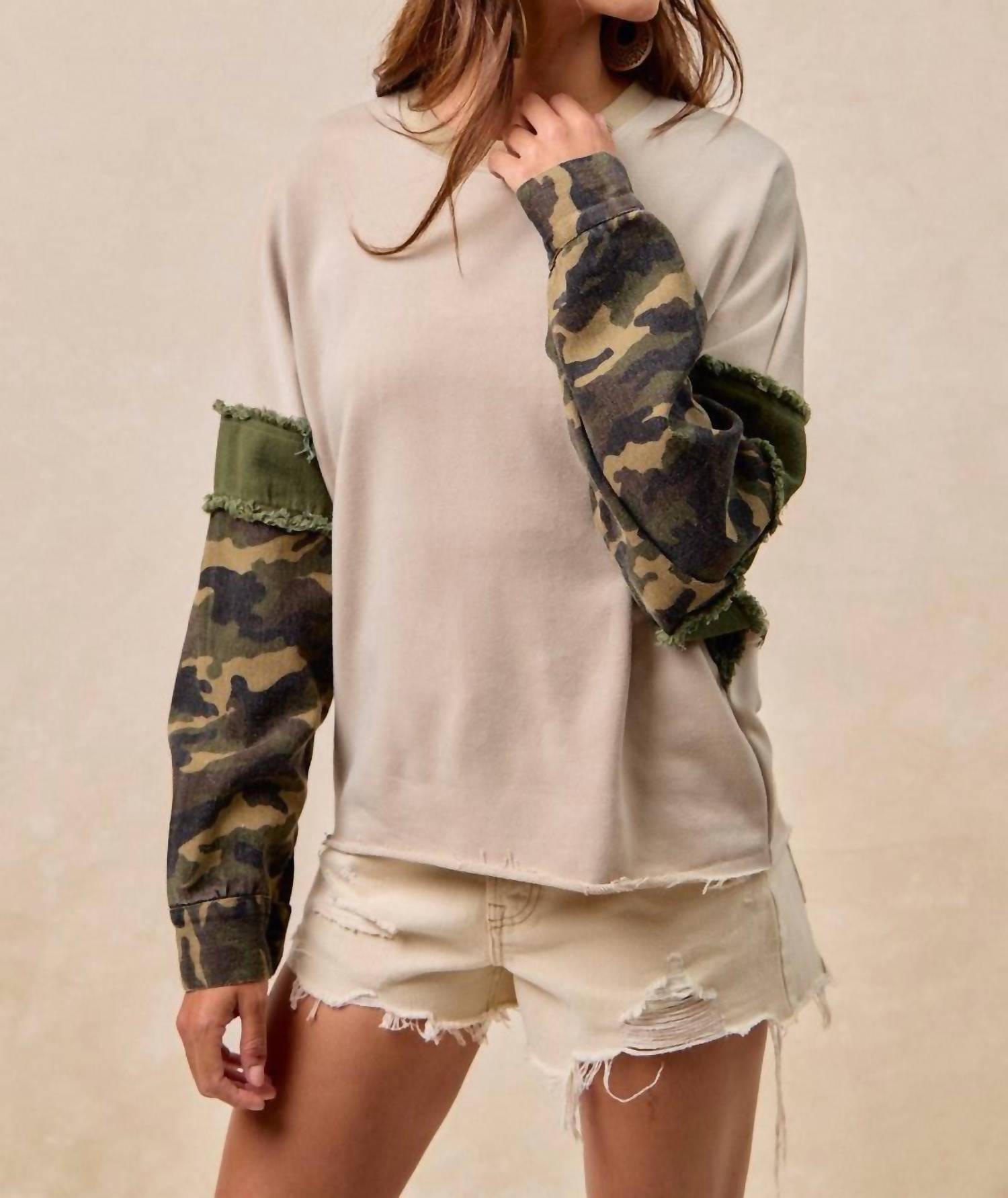BiBi French Terry Camo Sleeve Frayed Edge Top in taupe camo - women's long sleeve top - detail view