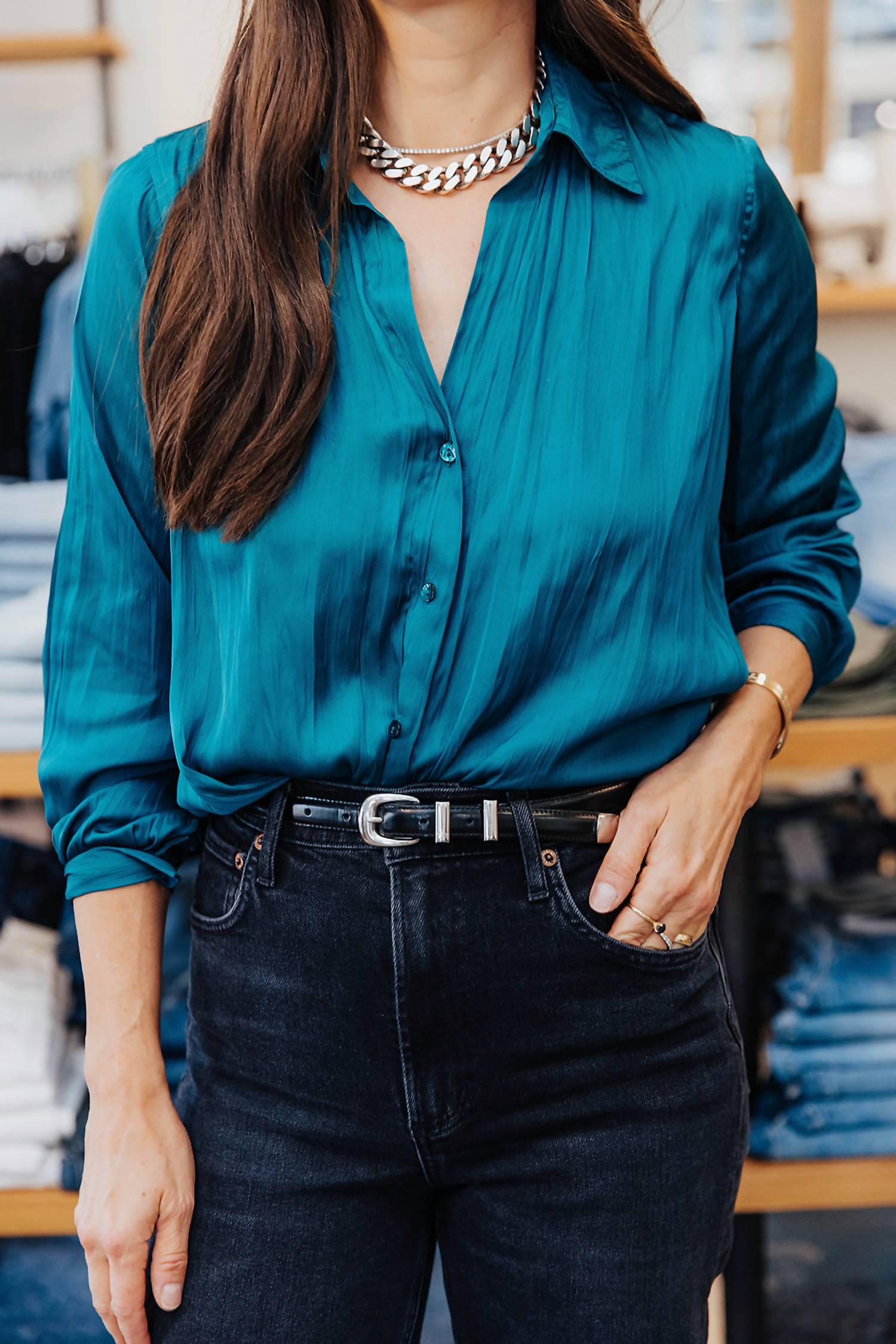 L'Agence Nina Long Sleeve Blouse in ocean teal - women's shirt