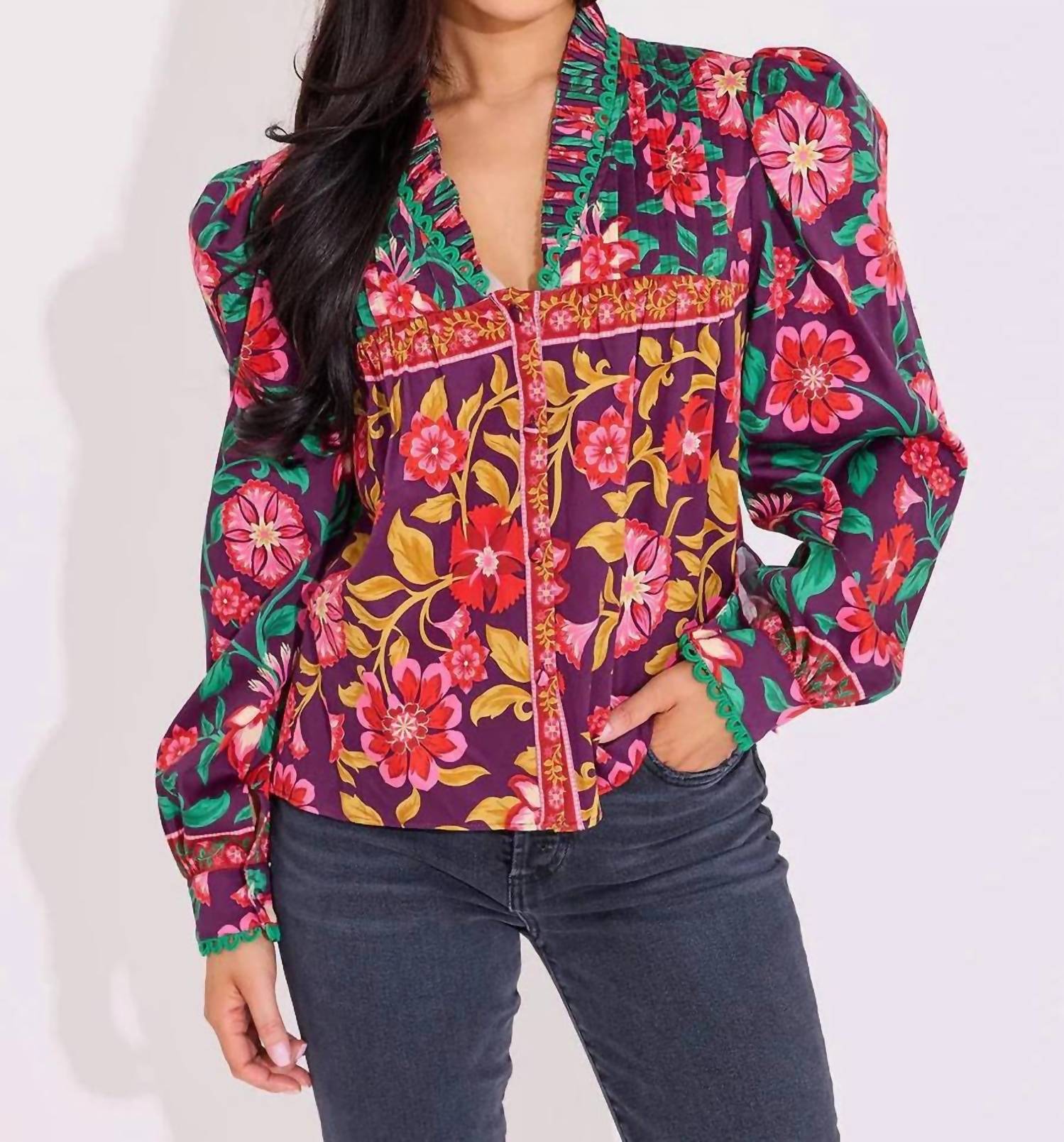 Alden Adair Oliver V-neck Top in medieval floral - women's blouse