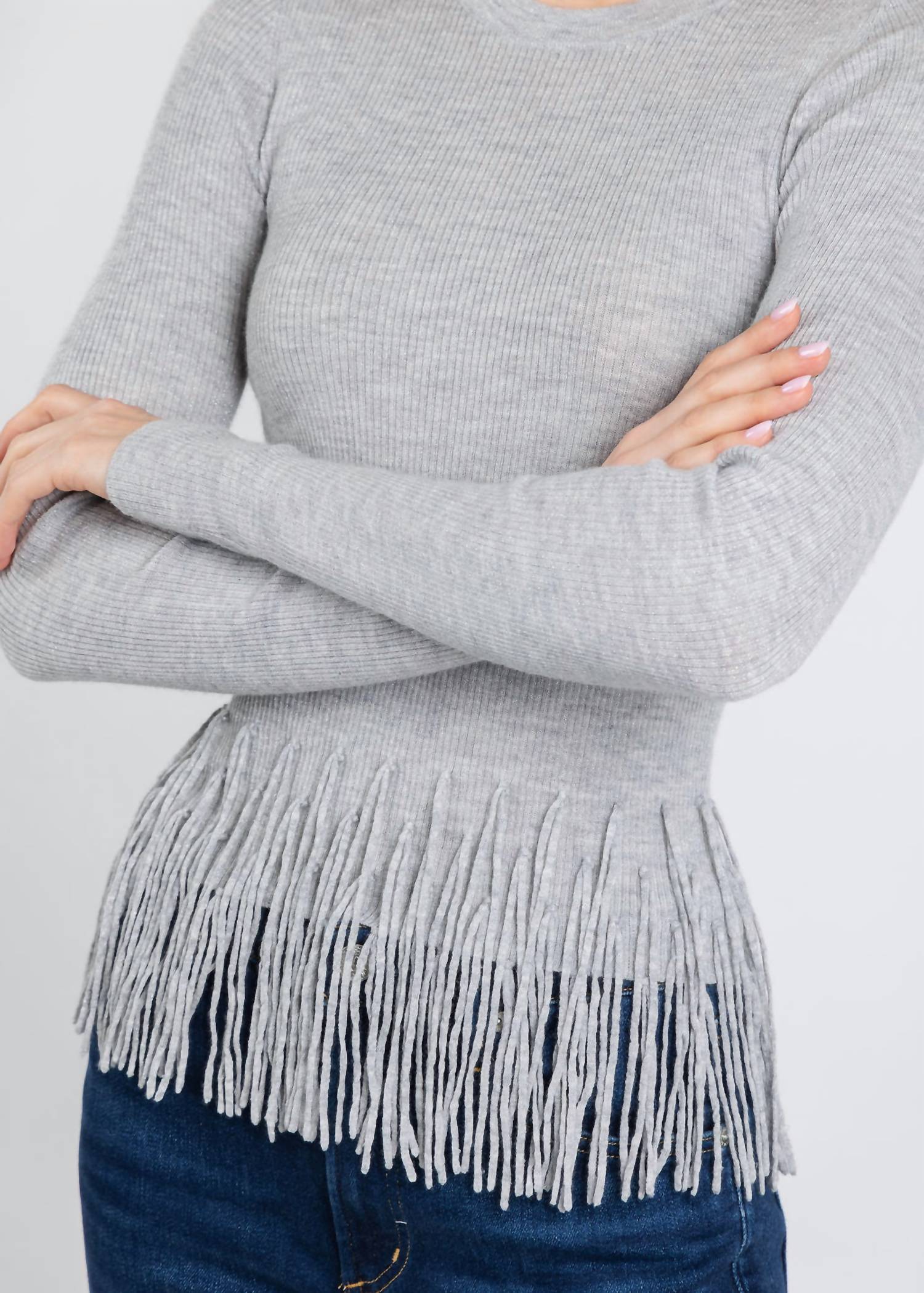 Autumn Cashmere Tiered Fringe Cashmere Rib Sweater in silver - women's sweater - view 5