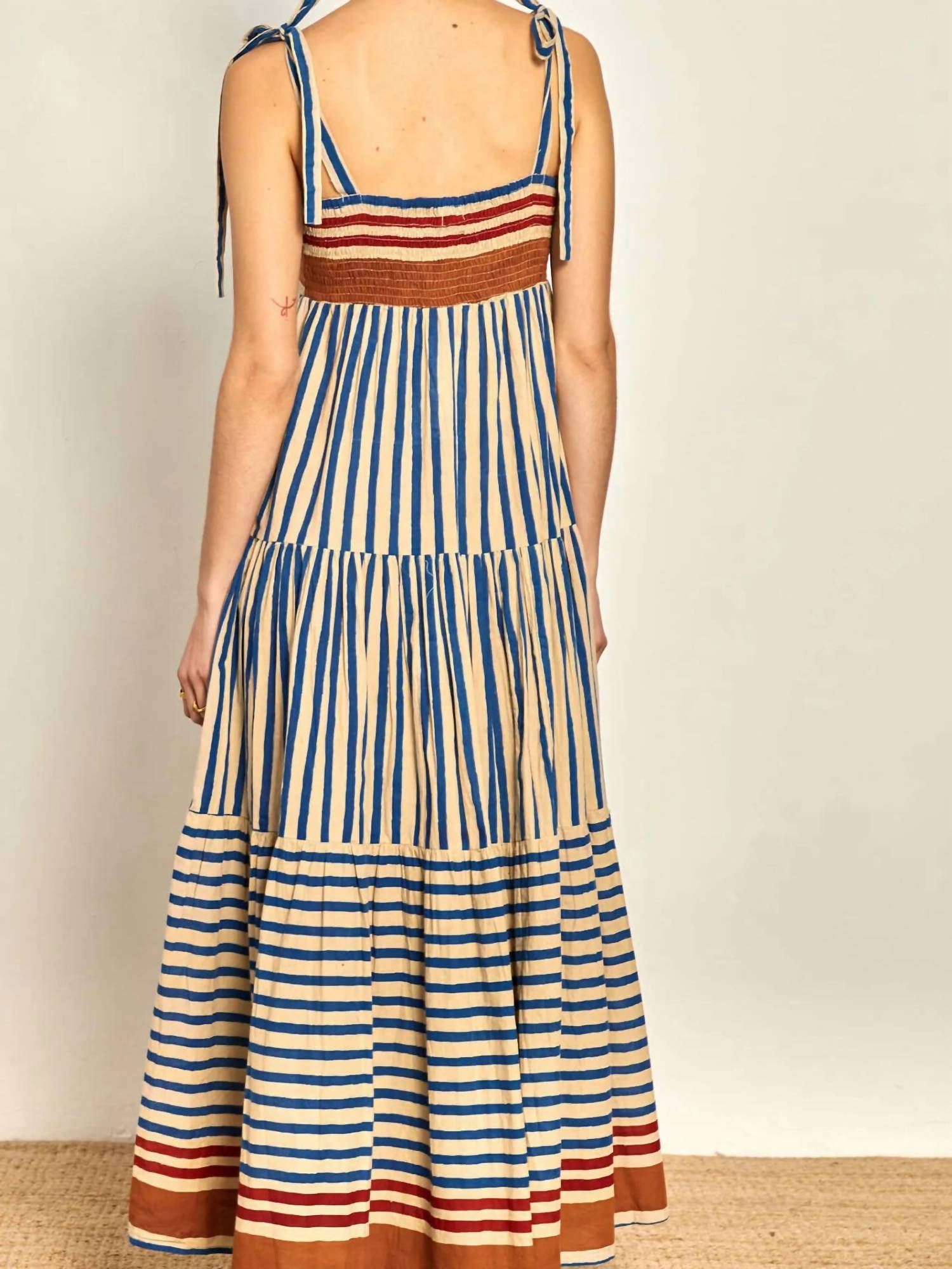 Trendsi - Striped Tie-Shoulder Tiered Maxi Dress