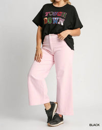 umgee French Terry Sequin Touch Down Top - Plus in black - women's t-shirt