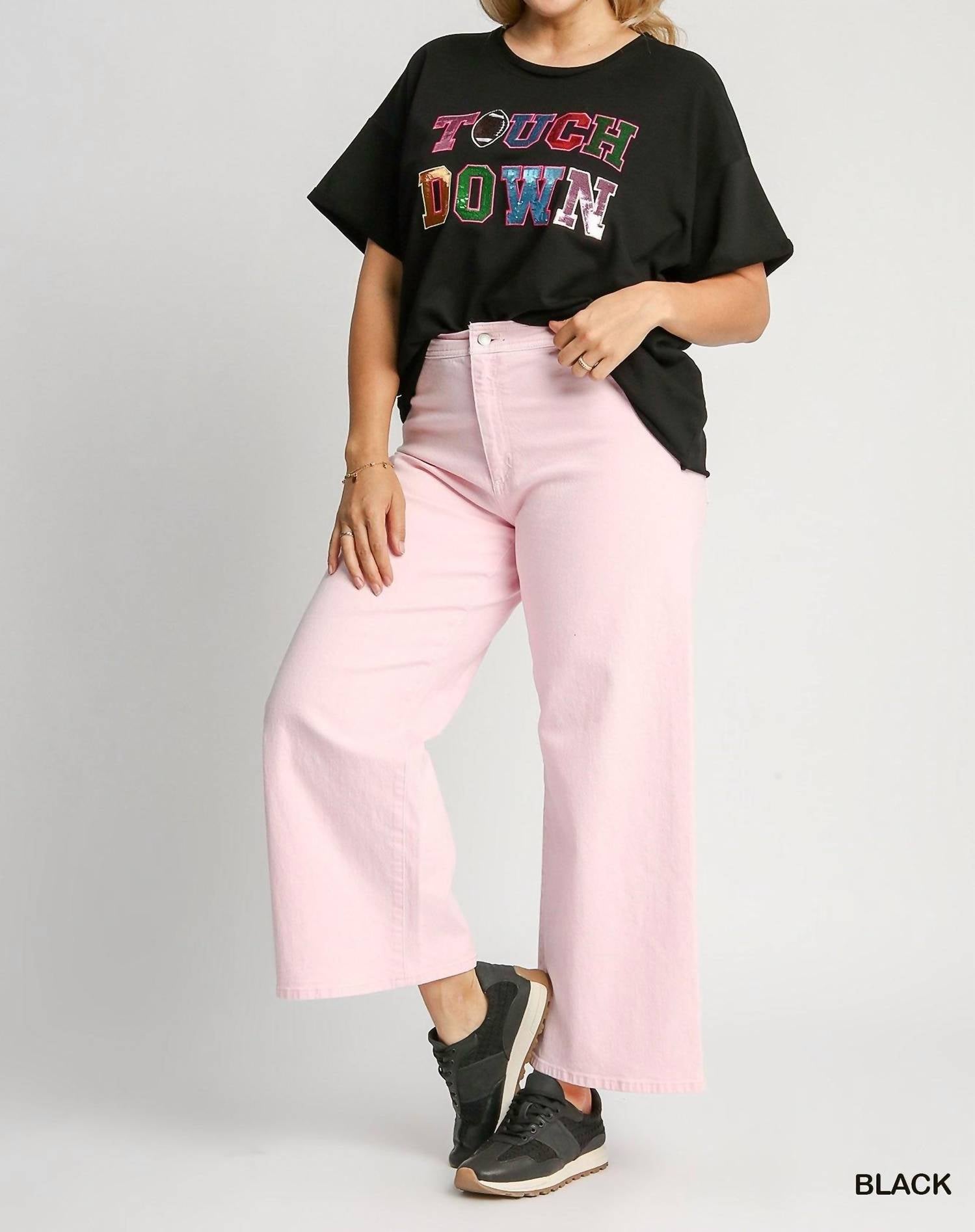 umgee French Terry Sequin Touch Down Top - Plus in black - women's t-shirt