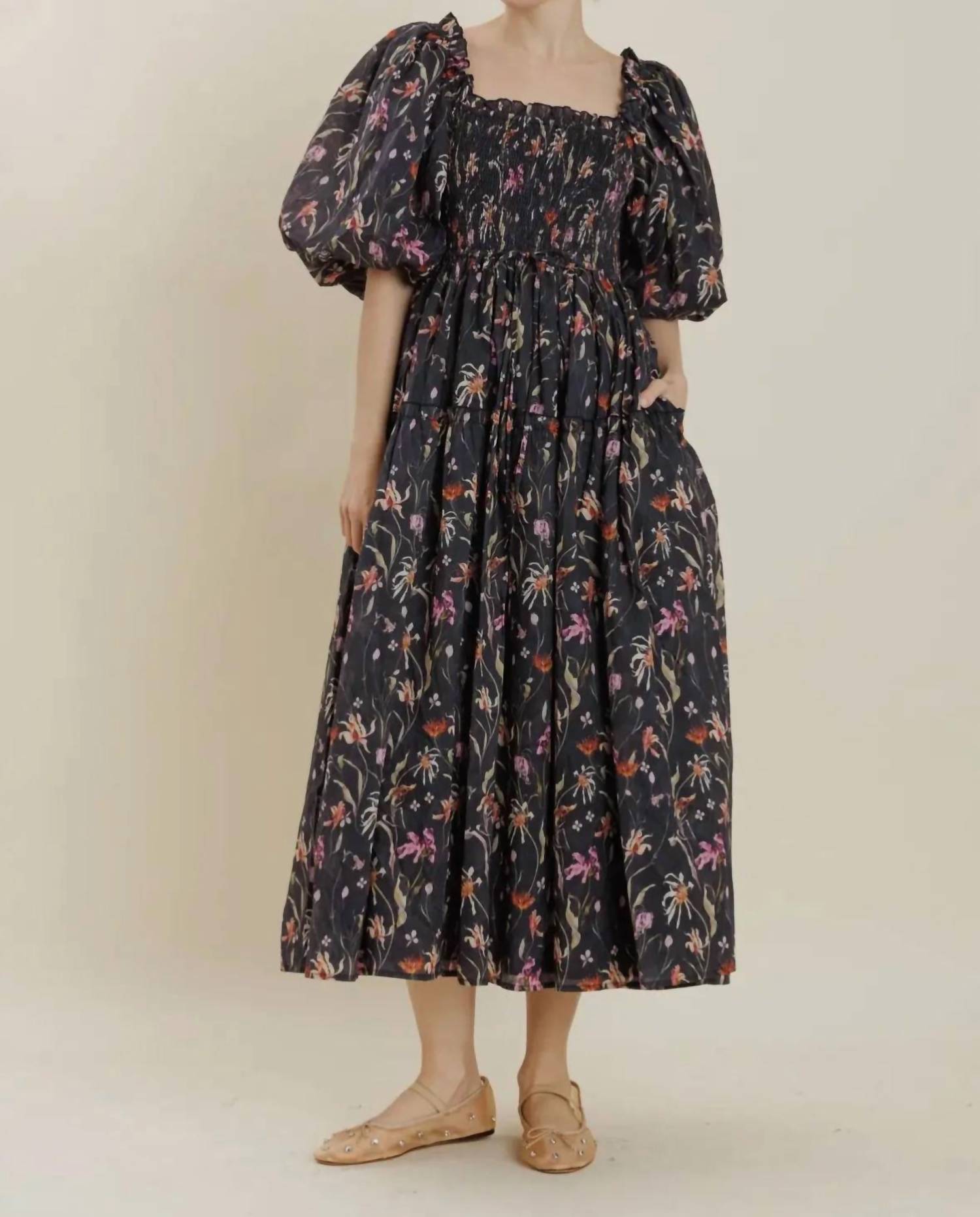 Aureum Floral Smocked Maxi Dress in navy - women's dress