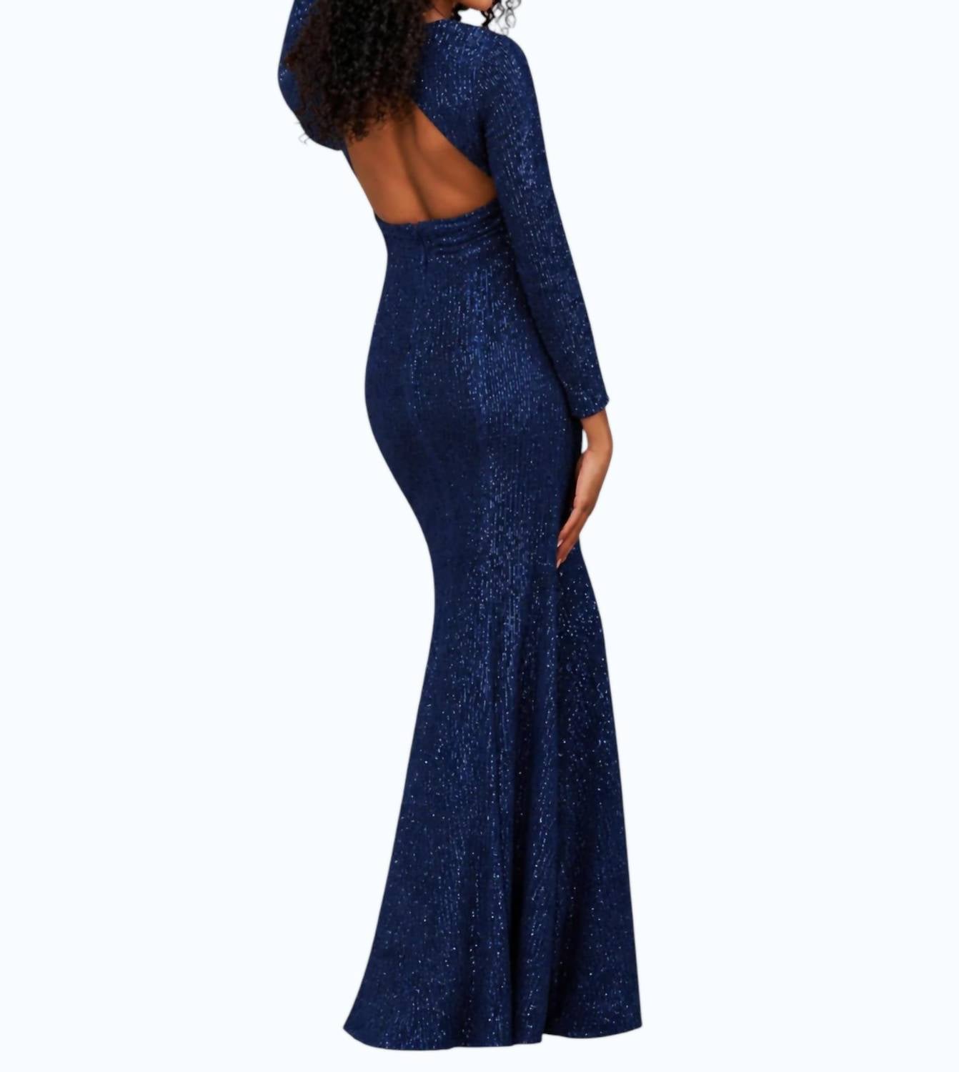 Sherri Hill Long Sleeve Machine Sequin Fitted Gown in navy - women's dress - detail view