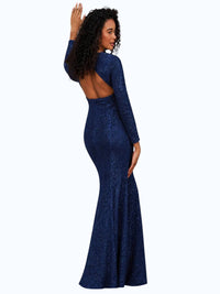 Sherri Hill Long Sleeve Machine Sequin Fitted Gown in navy - women's dress - alternate view