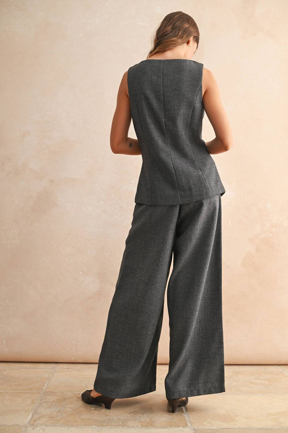 Miou Muse - Herringbone Square Neck Button Front Vest