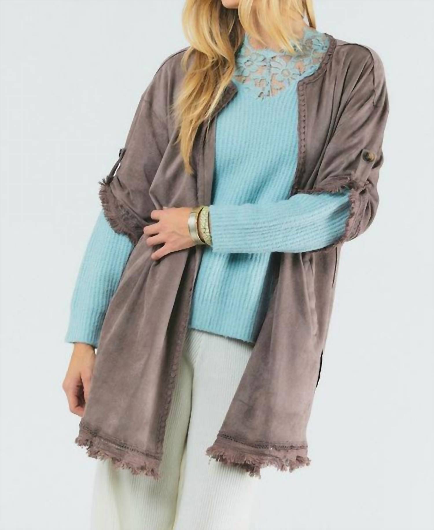 Davi & Dani - Suede Fringed Cardigan