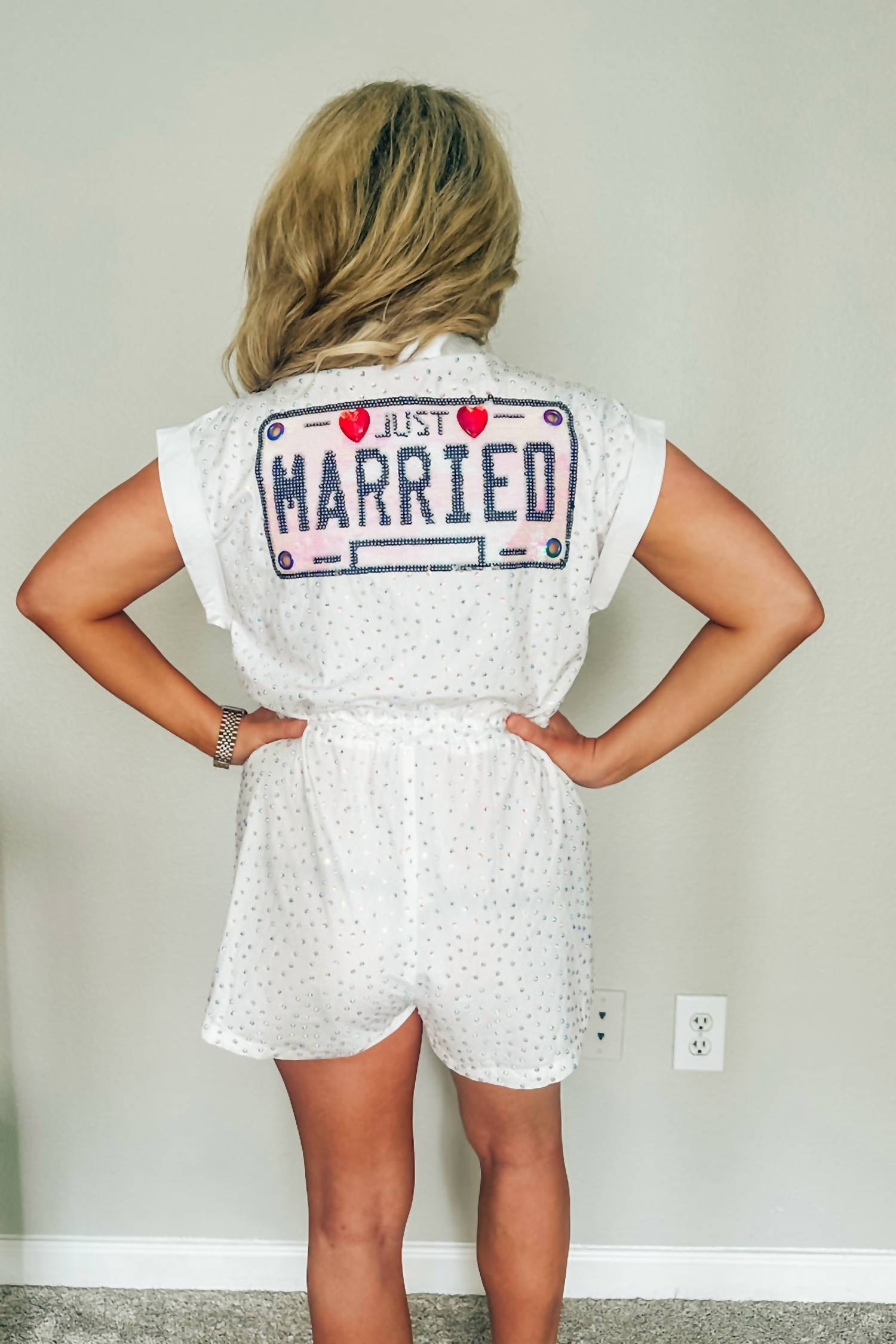 QUEEN OF SPARKLES Rhinestone Just Married Romper in white - women's pants - alternate view