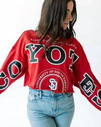 Gameday Social Cropped Long Sleeve Crew Huskers Tee in red - women's long sleeve top - detail view