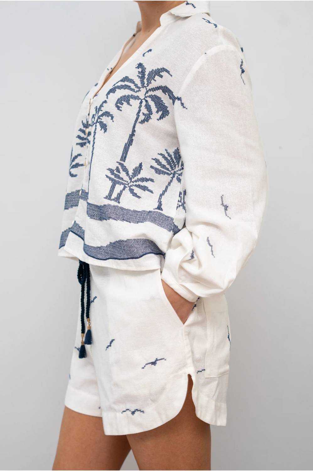 Dress To - Nautical Embroidered Drawstring Linen Shorts