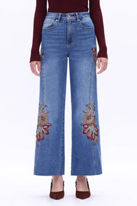 Bayeas High Rise Floral Embroidered Wide Leg Jeans in medium blue - women's jeans