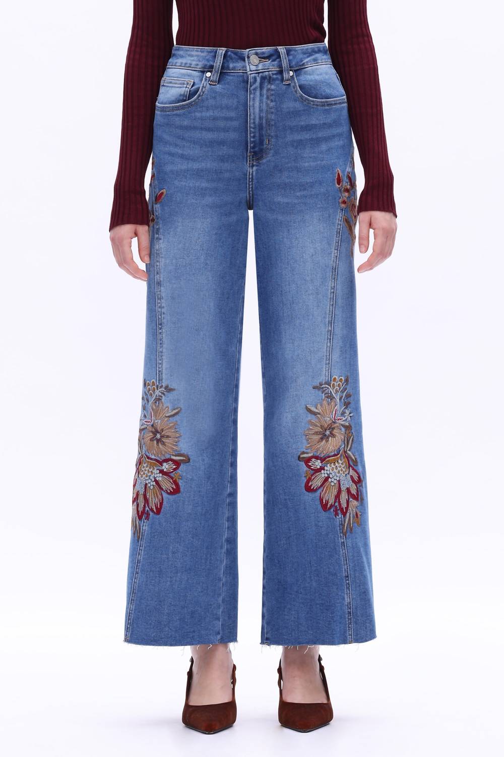 Bayeas High Rise Floral Embroidered Wide Leg Jeans in medium blue - women's jeans