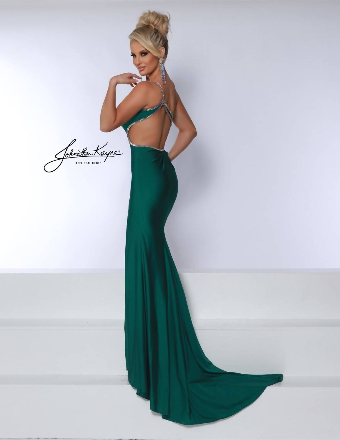 Johnathan Kayne One Shoulder Side Cut Out Prom Dress in emerald - women's dress - alternate view