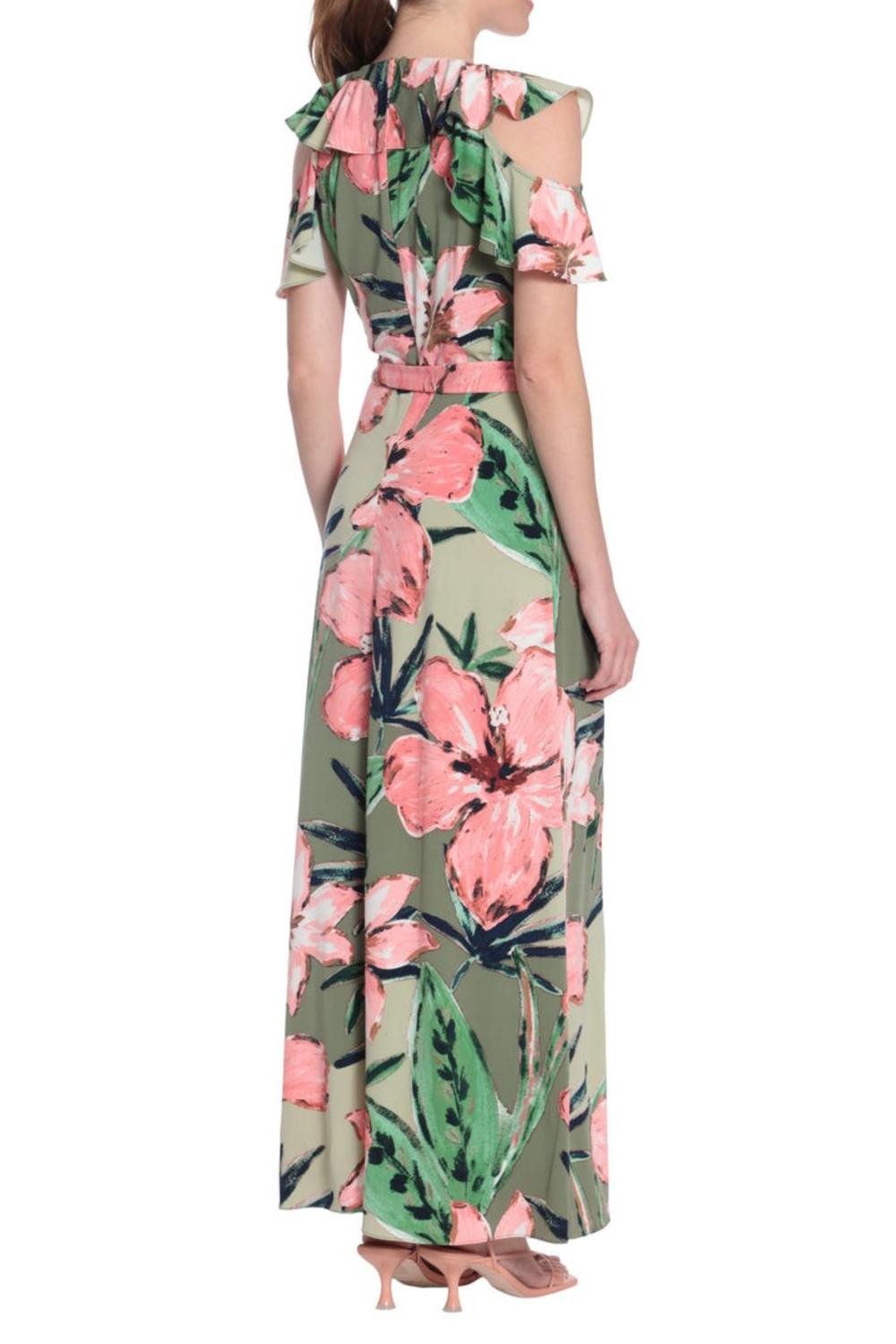 LONDON TIMES Floral Print Ruffle Cold Shoulder Front Slit Maxi Dress in green coral - women's dress - detail view