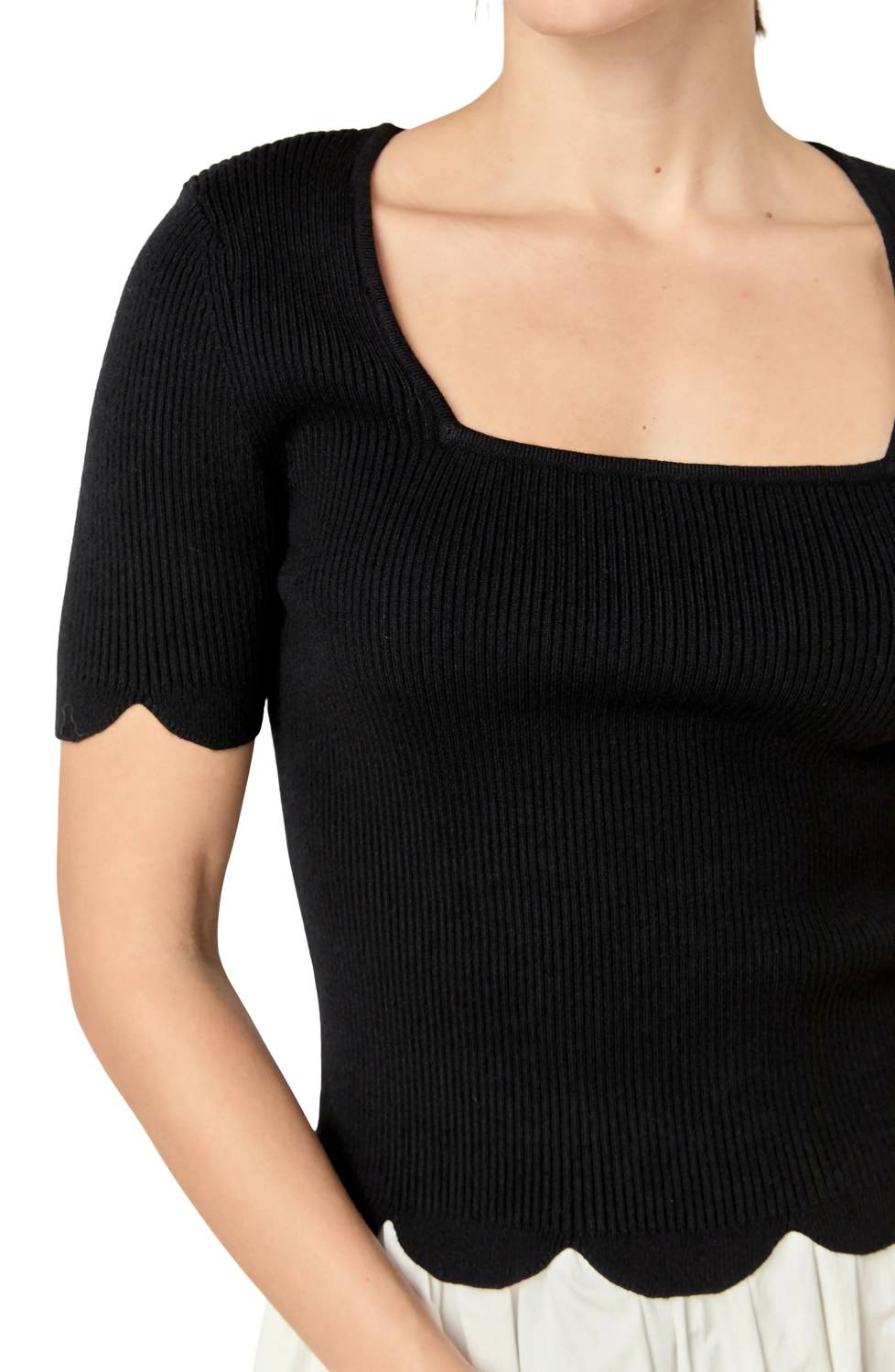 English Factory - Scallop Hem Square Neck Rib Sweater