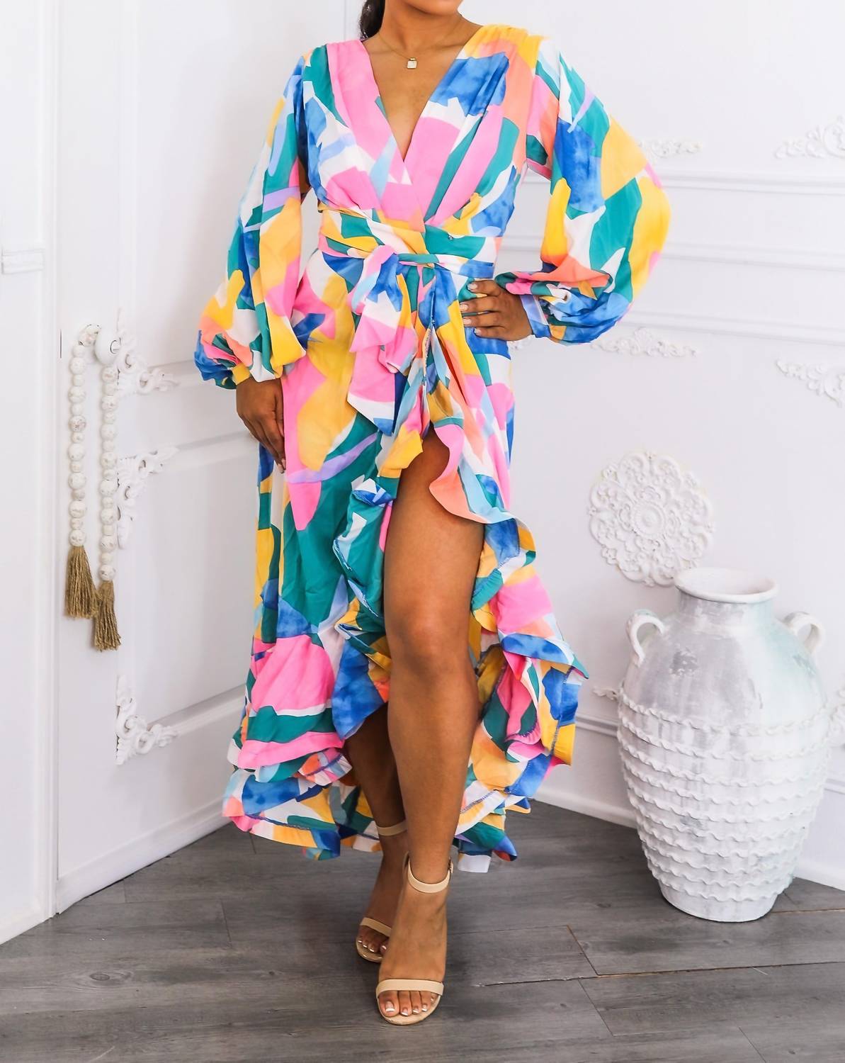 Surelymine - Color Splash Ruffle Wrap Maxi Dress with Balloon Sleeves