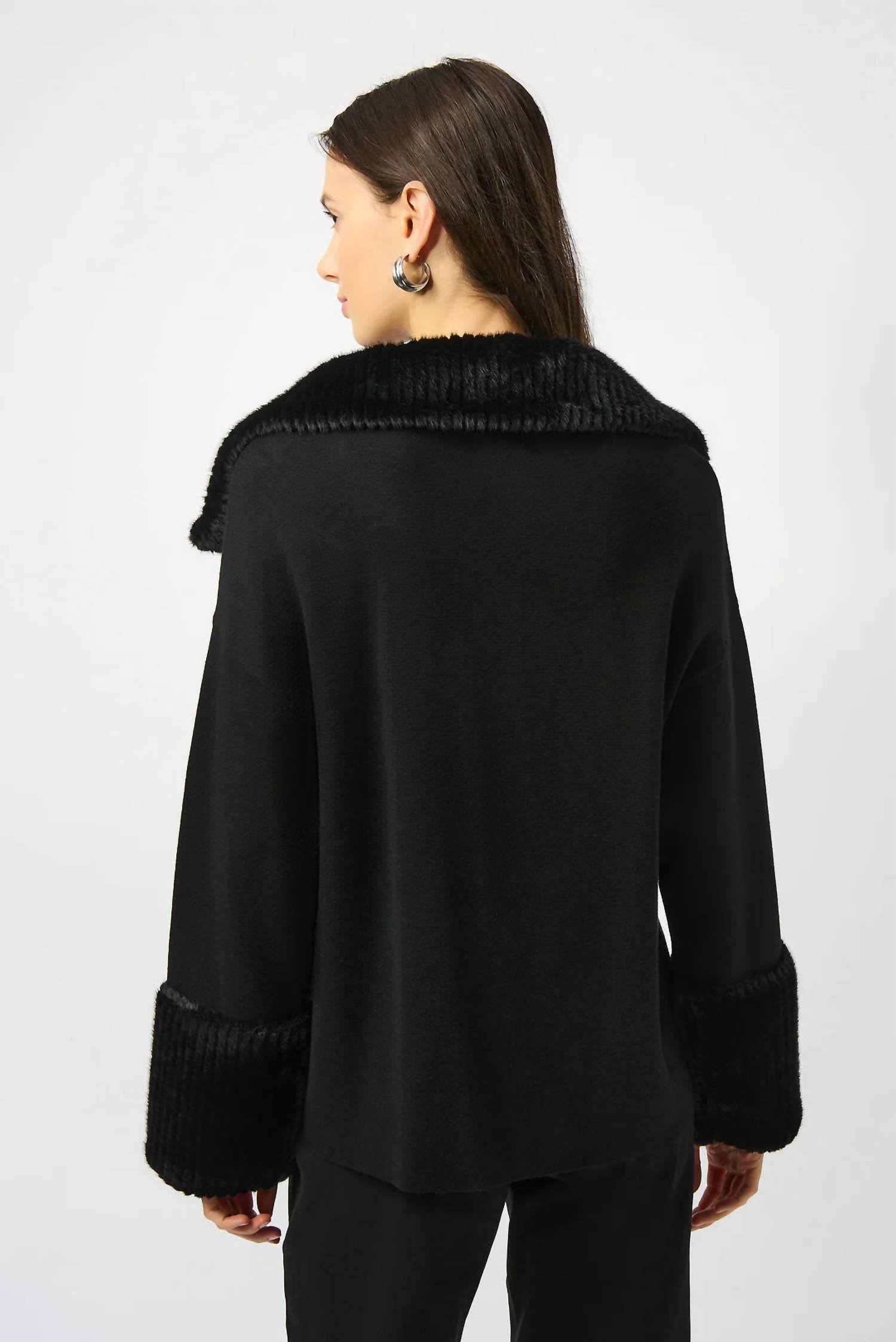 Joseph Ribkoff - Sweater Knit Fur Trim Long Sleeve Jacket