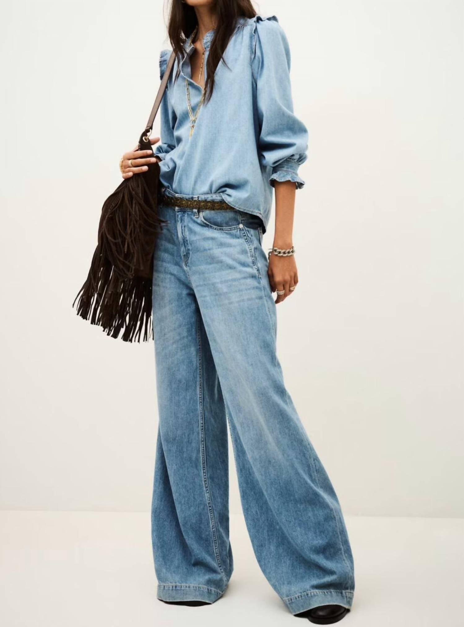 ba&sh Lio Denim Top in light used blue - women's shirt - view 4