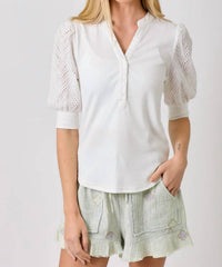 Mystree - Eyelet Puff Sleeve Henley Top