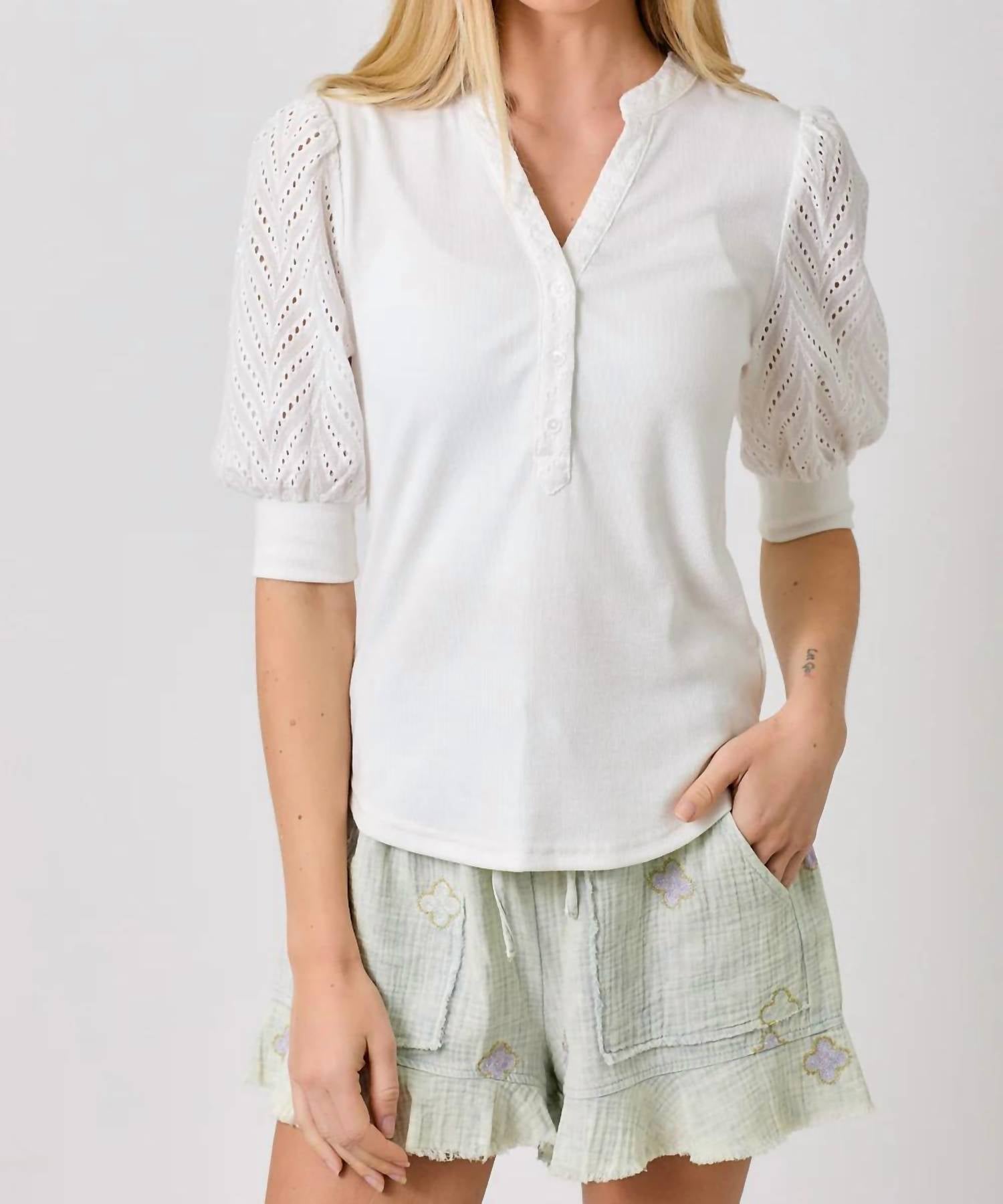 Mystree - Eyelet Puff Sleeve Henley Top