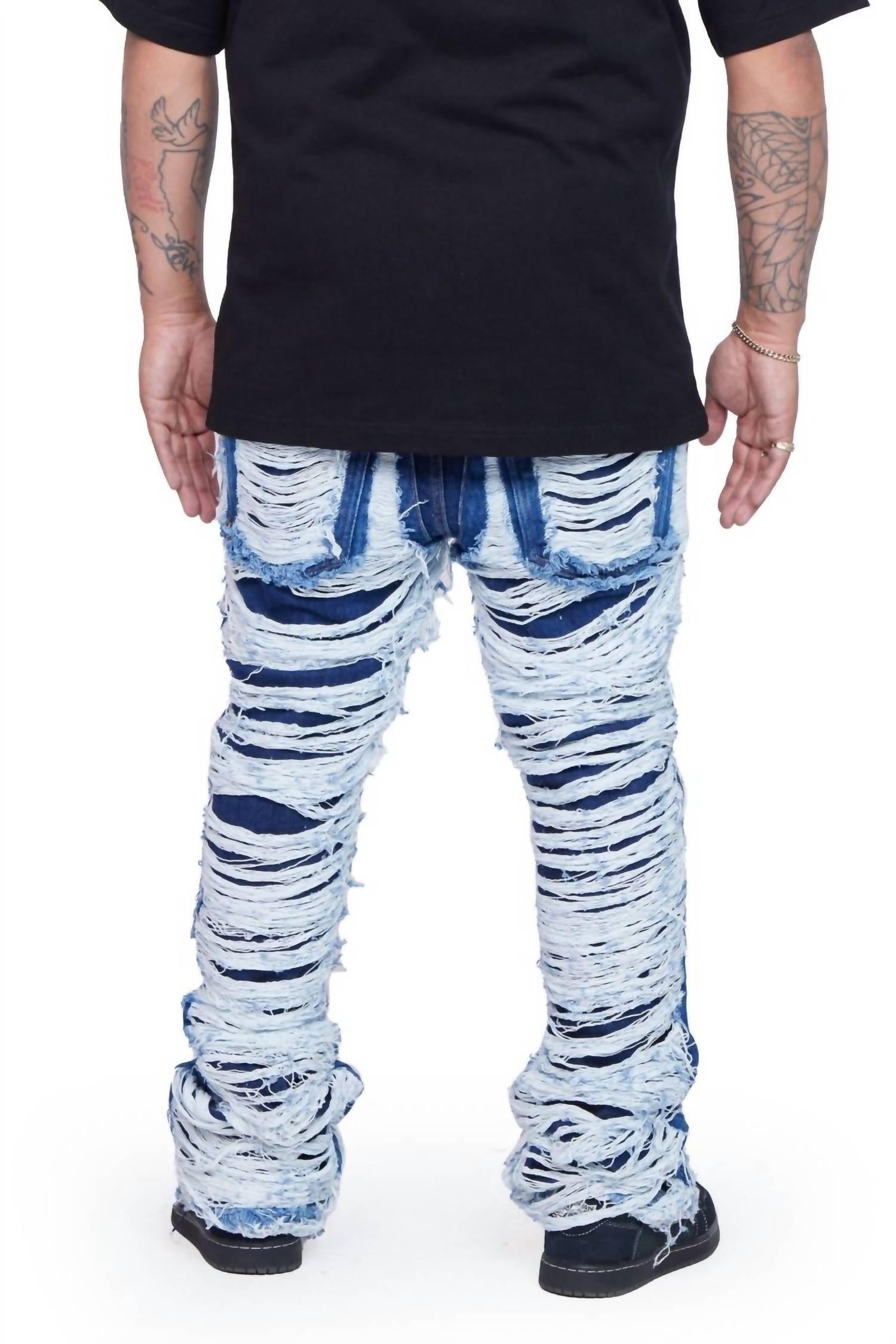 VALABASAS Men's Ravaged Stacked Flare Jean in indigo - men's jeans - alternate view
