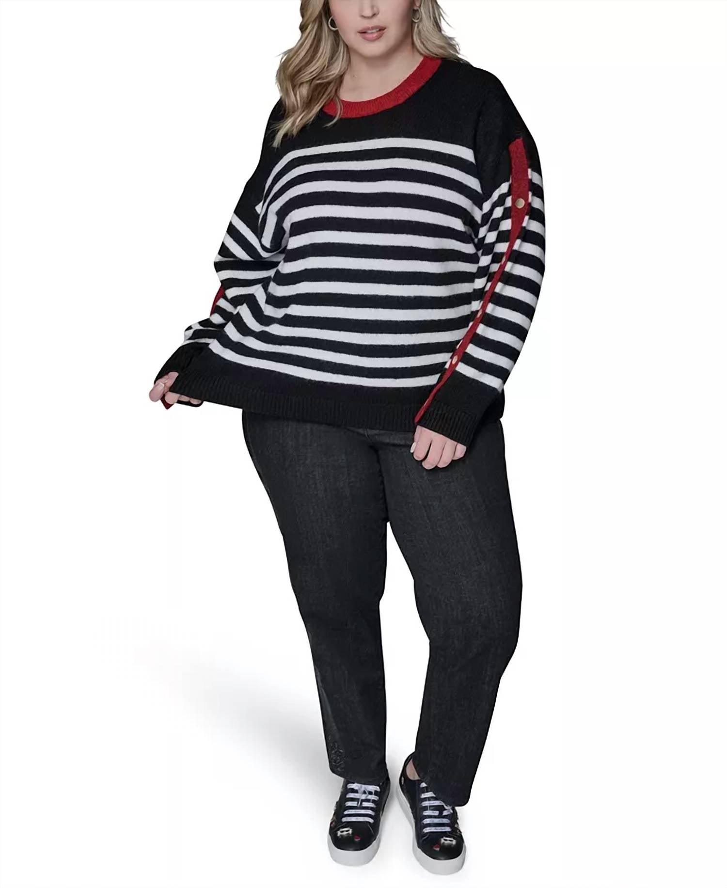 KARL LAGERFELD Women's Striped Sweater With Button Cuff Detail in black white maroon - women's sweater - alternate view